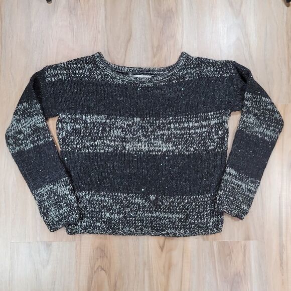 💜Loft Black & Gray Sparkly Colorblock Alpaca & Wool Cropped Sweater Medium - Picture 1 of 9